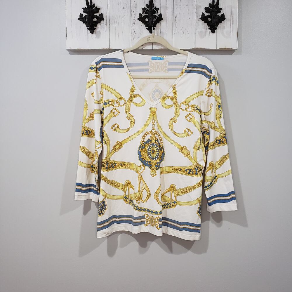 J McLaughlin Womens L Catalina Cloth Equestrian Chain Belt Baroque Print Top